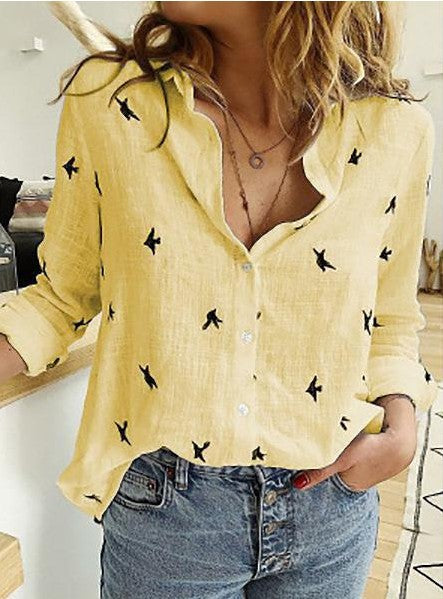 Solid Color Loose Fitting Long Sleeve Linen Shirt (Plus Sizes)