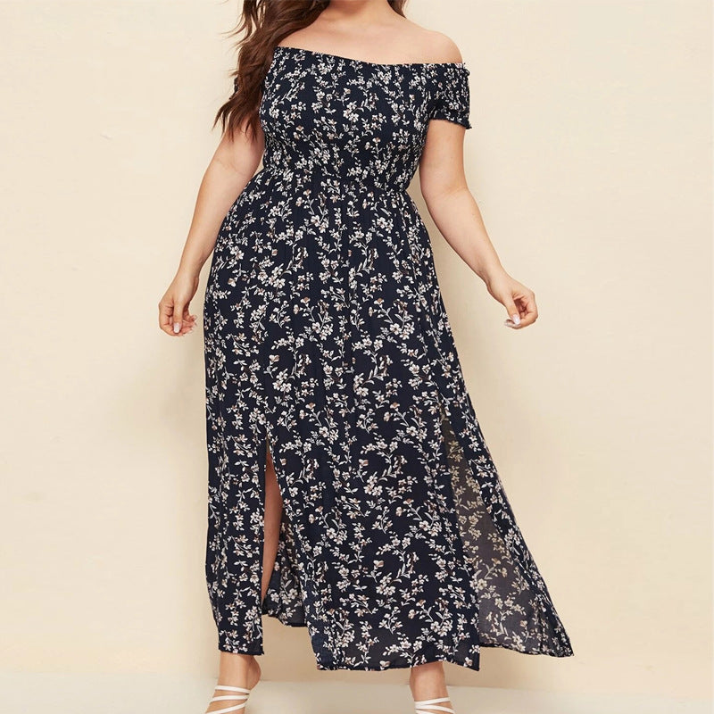 Floral Spek Off-the-shoulder Side Split Dress  (up to 4XL)