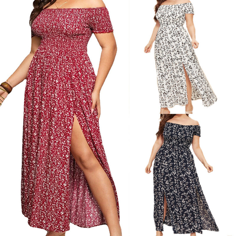 Floral Spek Off-the-shoulder Side Split Dress  (up to 4XL)