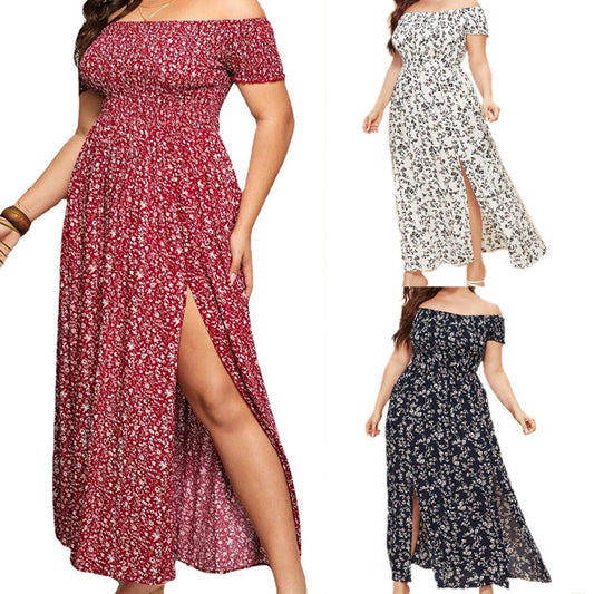 Floral Spek Off-the-shoulder Side Split Dress  (up to 4XL)