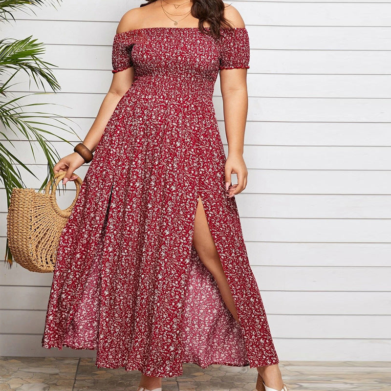 Floral Spek Off-the-shoulder Side Split Dress  (up to 4XL)