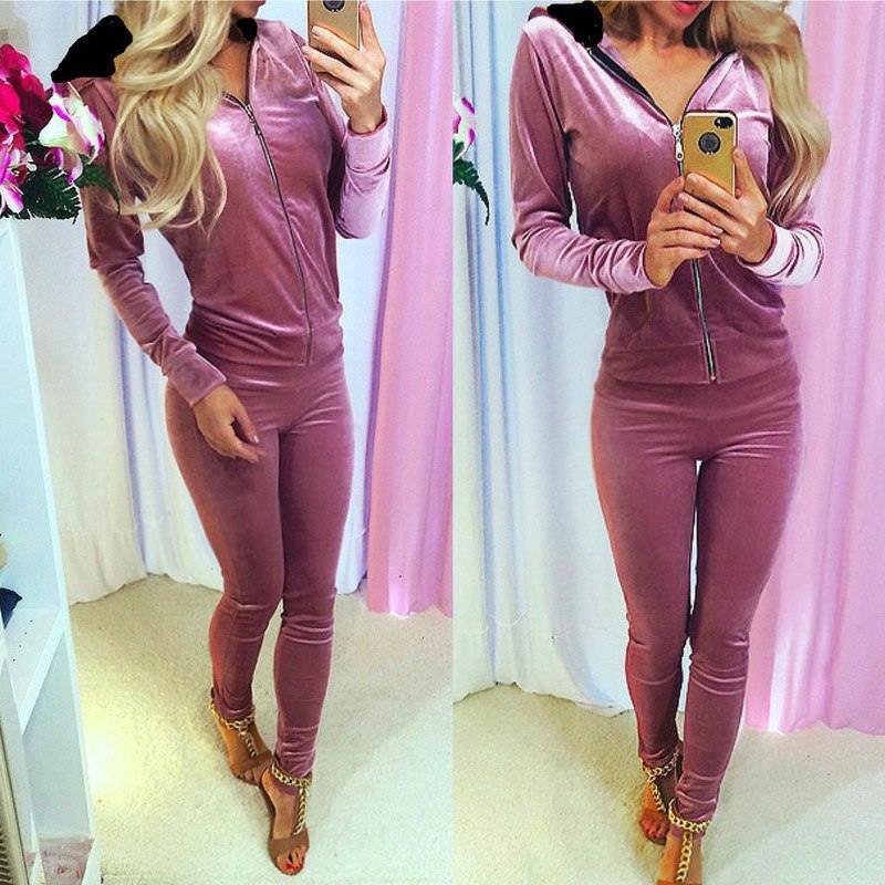 Shiny Long-sleeved Zip Top & Harem Pants Two Piece Set