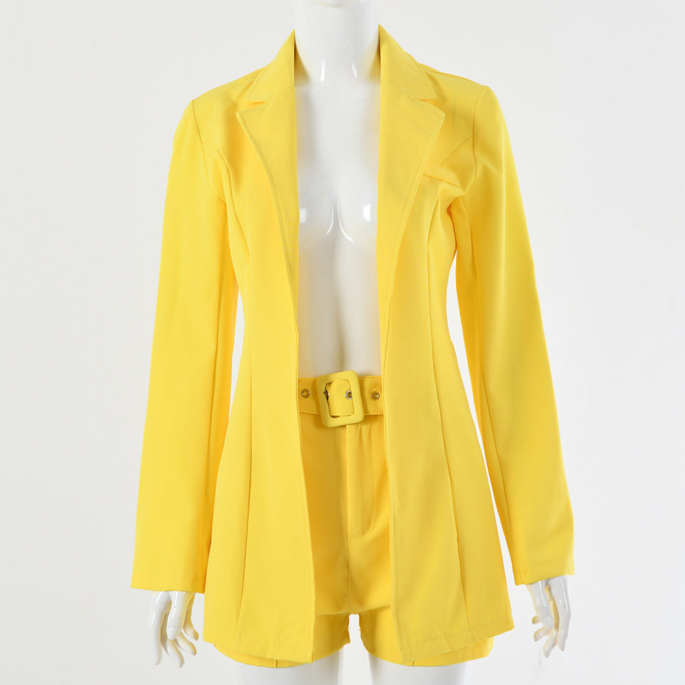 Blazer Top Short Pants with Matching Belt Suit Set