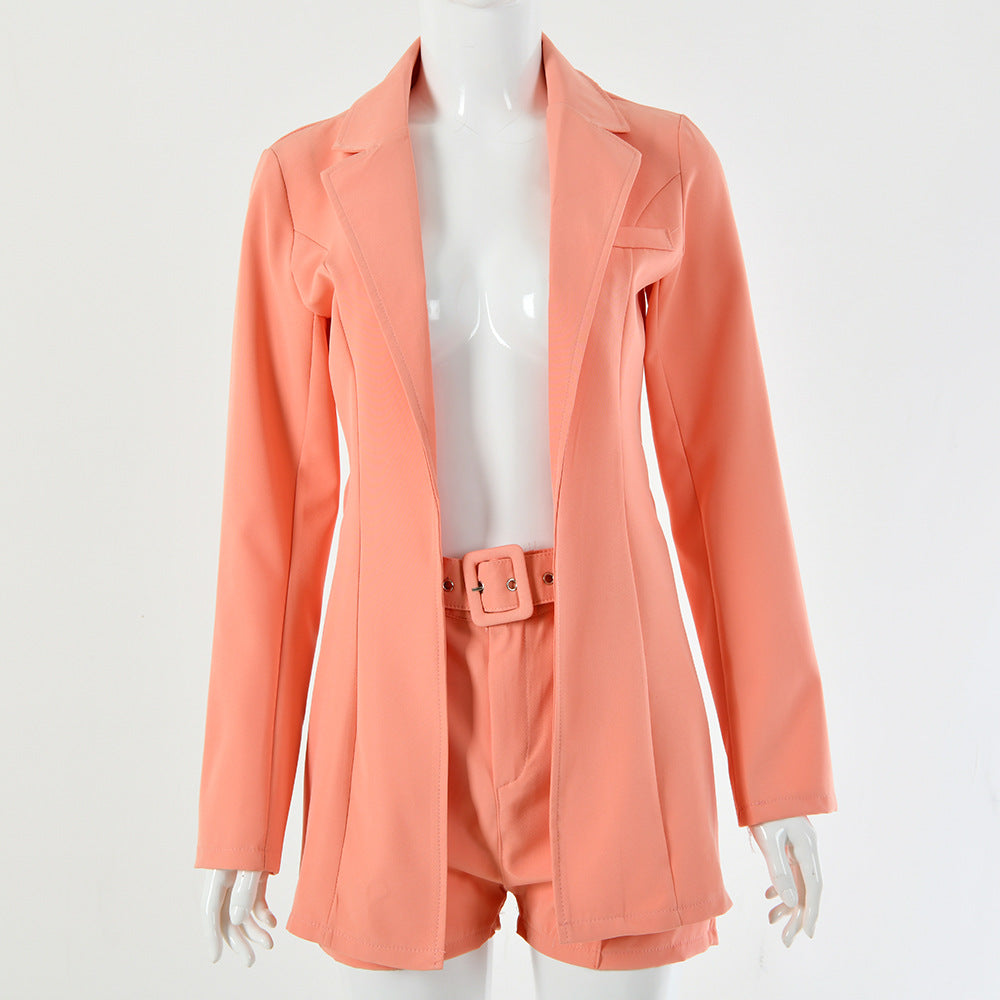 Blazer Top Short Pants with Matching Belt Suit Set