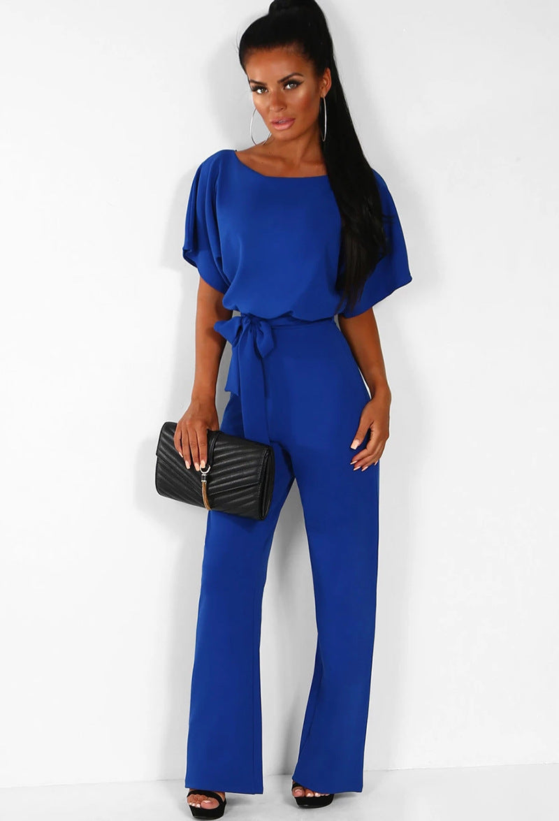 Button & Tie Short Sleeve Pants Jumpsuit