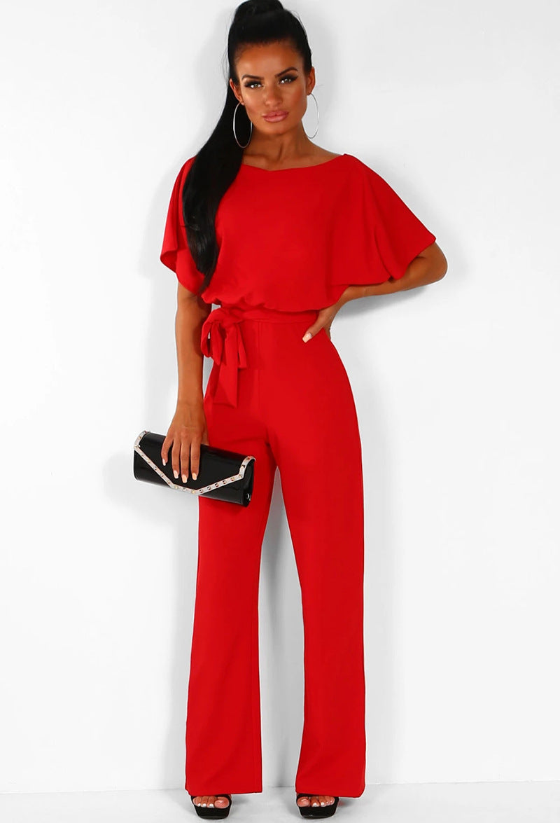 Button & Tie Short Sleeve Pants Jumpsuit