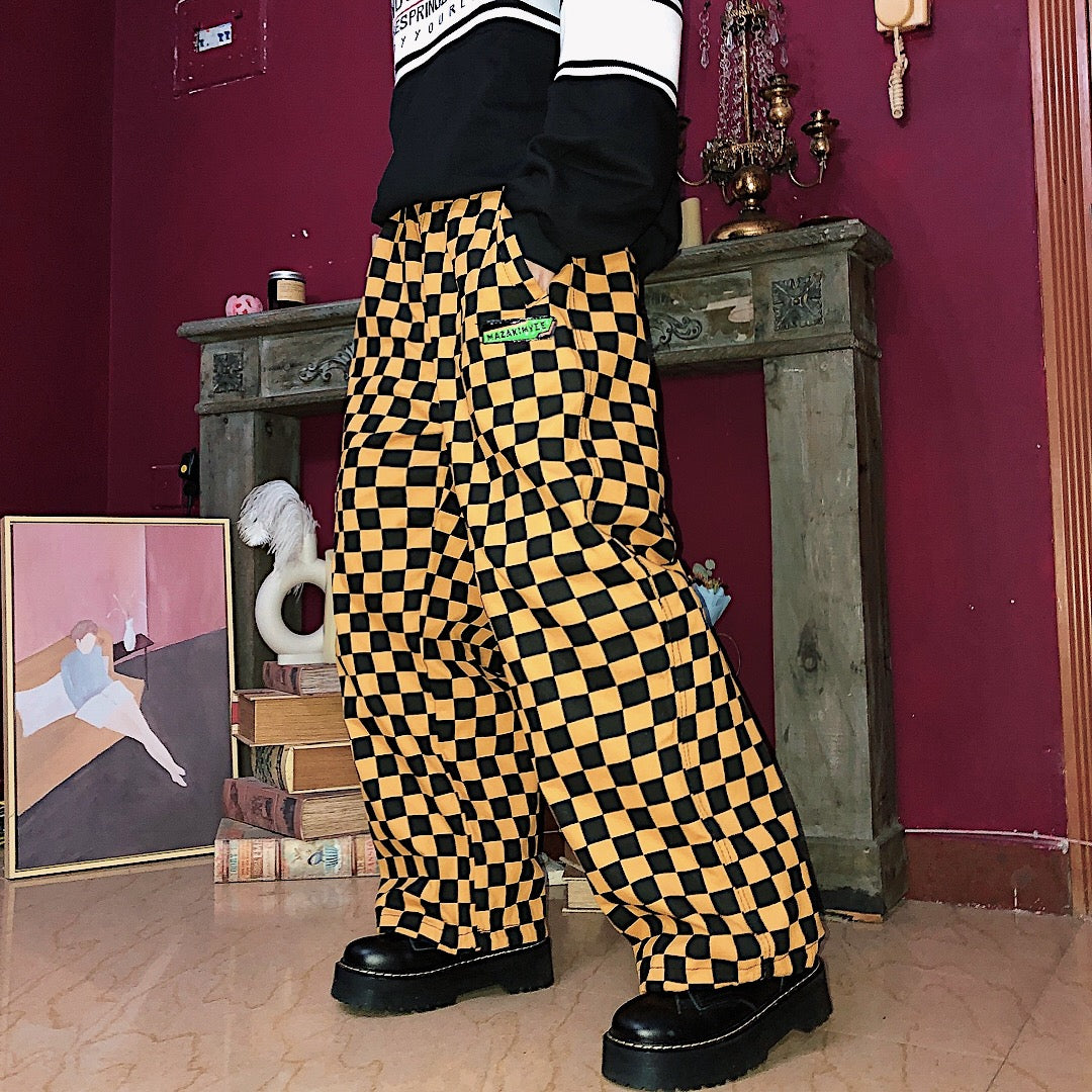 Harajuku Contrast Checkerboard Wide-leg Pants
