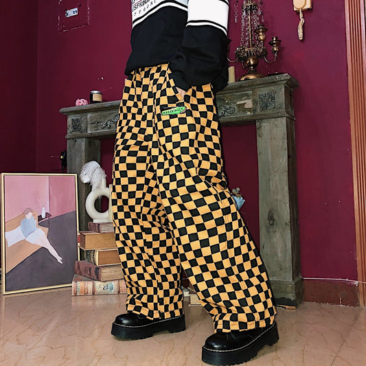 Harajuku Contrast Checkerboard Wide-leg Pants