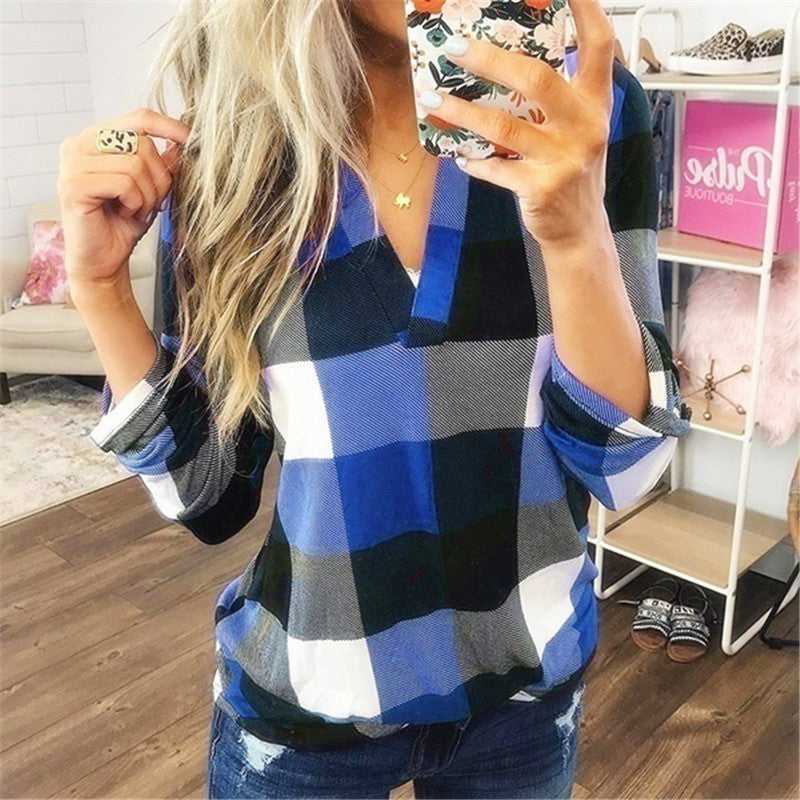 Plaid Printed Long Sleeve V-Neck Shirt (up to 5XL)