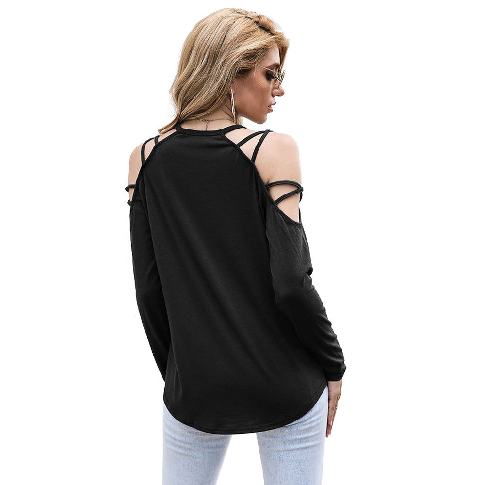 Solid Color Long Sleeve Shoulder Cutout Shirt