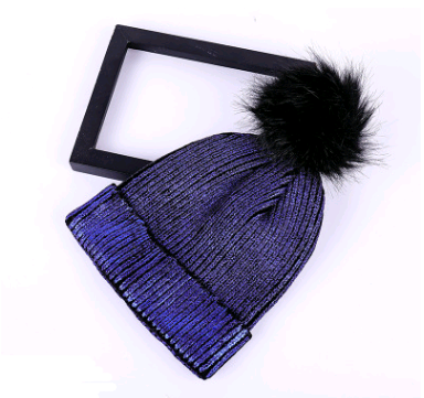 Shiny Warp Knit Wool Hat w/Black Pom