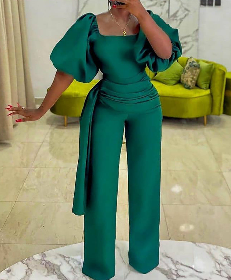 Solid Color Elegant Jumpsuit w/Wrap Tie (up to 3XL)