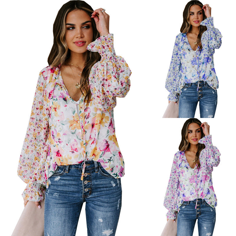 Floral Lantern Sleeve Loose Fitting Shirt (Plus sizes)