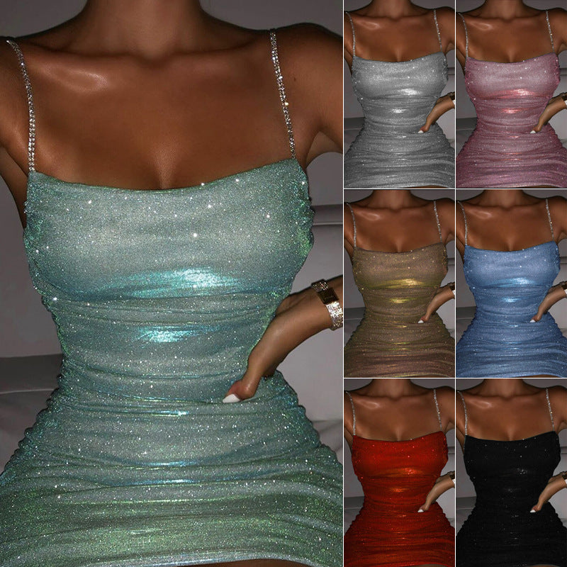 Short Ruffle Blingstone Spaghetti Strap Dress