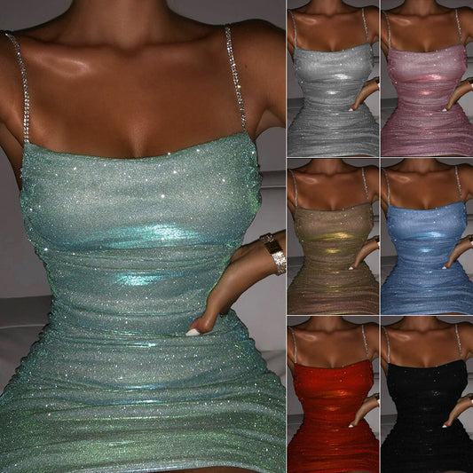 Short Ruffle Blingstone Spaghetti Strap Dress