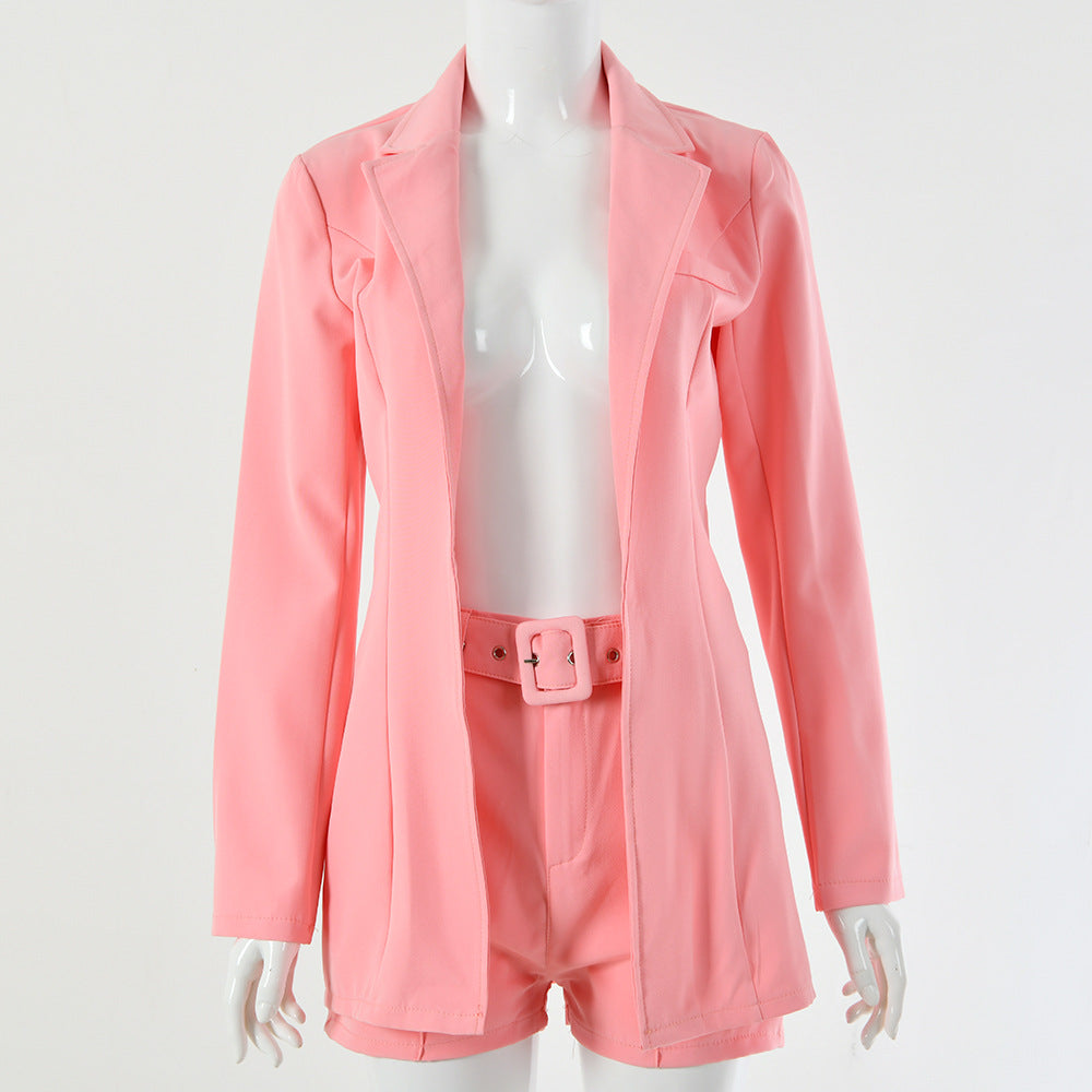 Blazer Top Short Pants with Matching Belt Suit Set