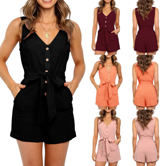 Button & Tie Sleeveless Top & Shorts Jumpsuit