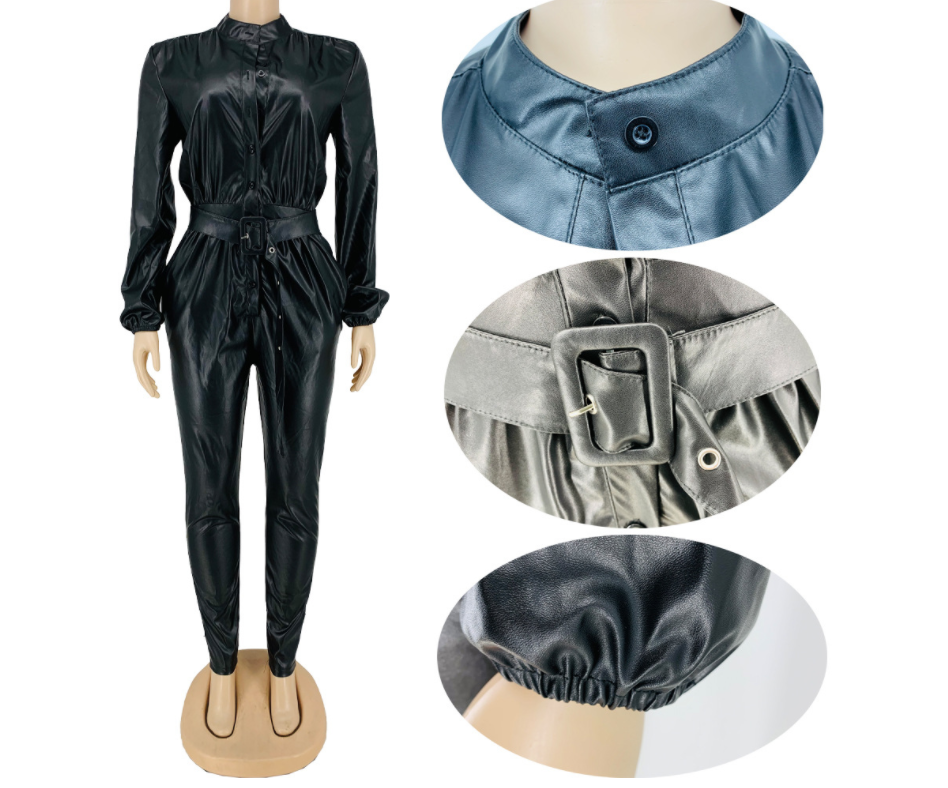 Faux Leather Button Up Waist Belt Jumpsuit