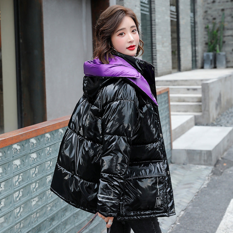 Contrast Color Shiny Hooded Down Coat