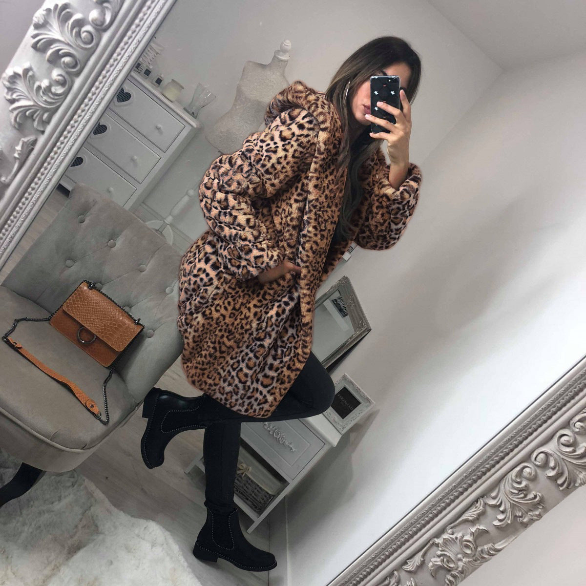 Loose Fitting Mid-Length Hooded Leopard Coat