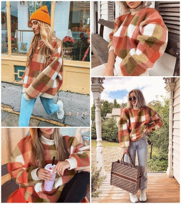 Round Neck Plaid Wool Sweater