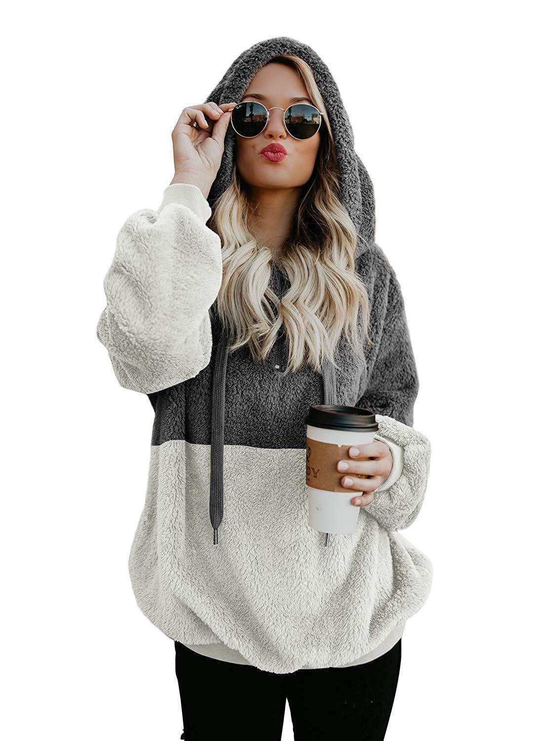 Two Tone Plush Drawstring Hoodie