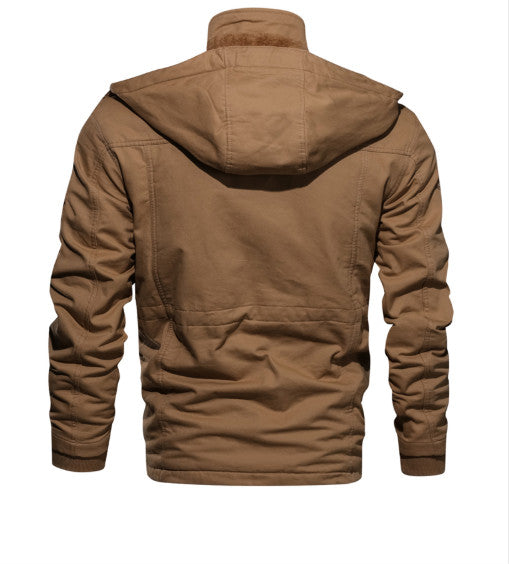 Thick Long-sleeve Washed Cotton Coat w/Hood
