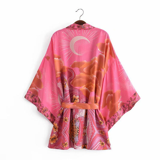 Loose Belted Moon Print Cardigan Women's Kimono