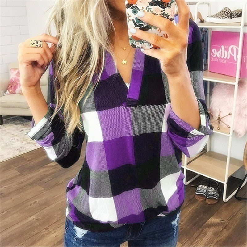 Plaid Printed Long Sleeve V-Neck Shirt (up to 5XL)