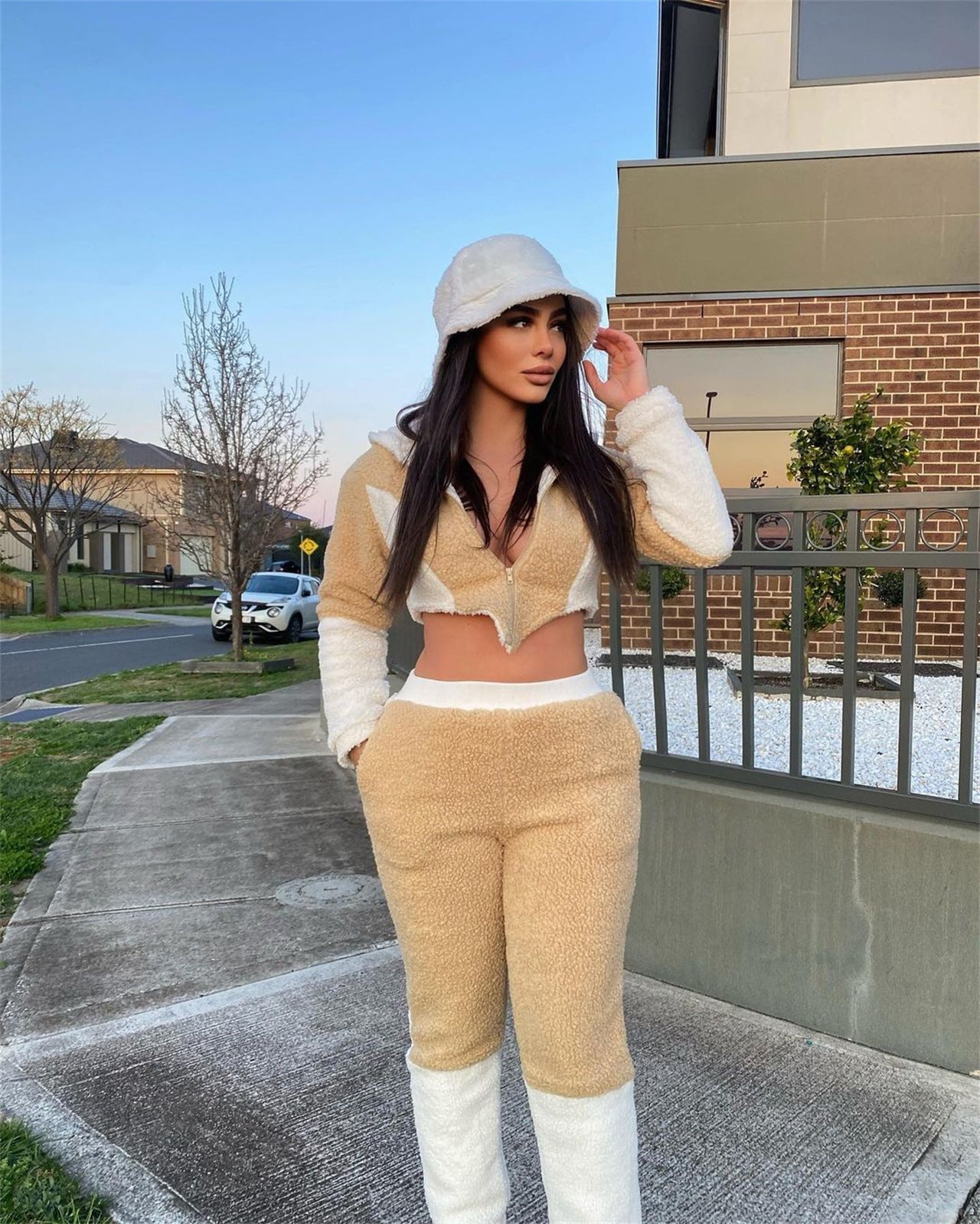 Color Block Teddy Fleece Two Piece Set