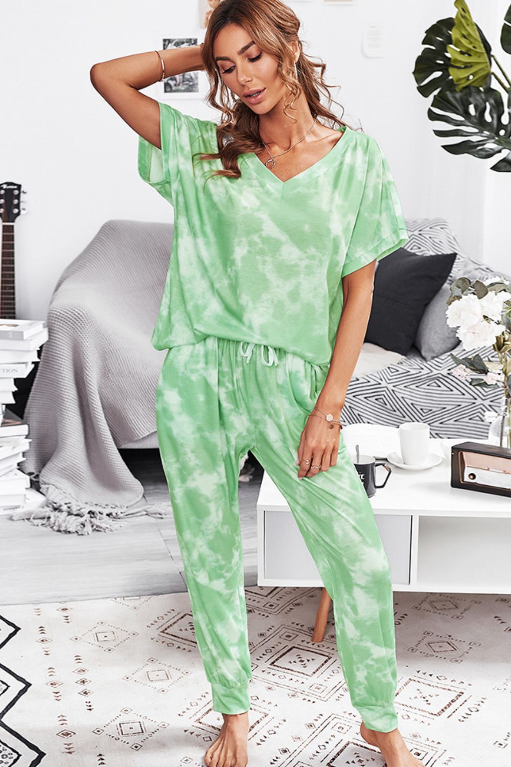 Tie-Dye V-Neck T & Long Pants Two Piece Set