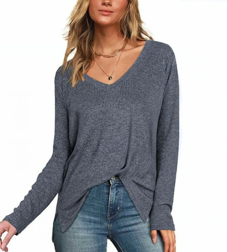 Solid Color Long Sleeve V-neck Split Shirt