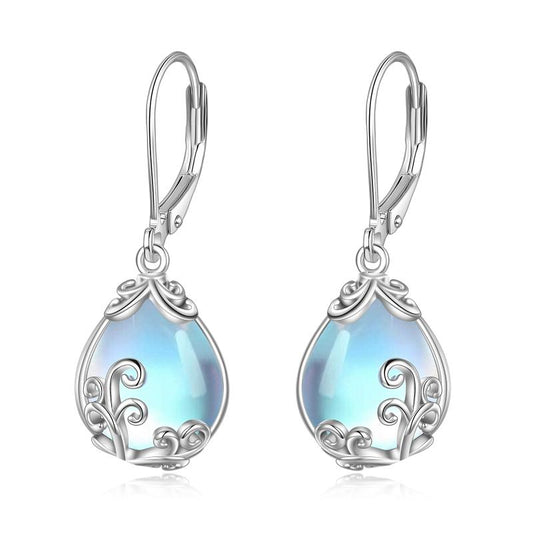 Sterling Silver Moonstone Filigree Teardrop Drop Lever-back Earrings