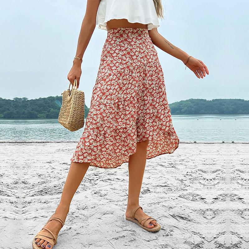 Wine Red Floral Print Skirt