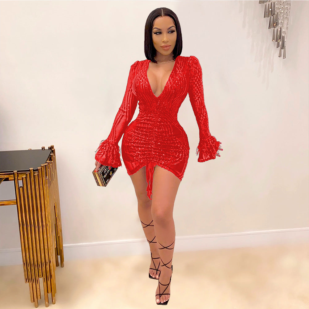 Ostrich Hair Lantern Sleeve A-Line Dress