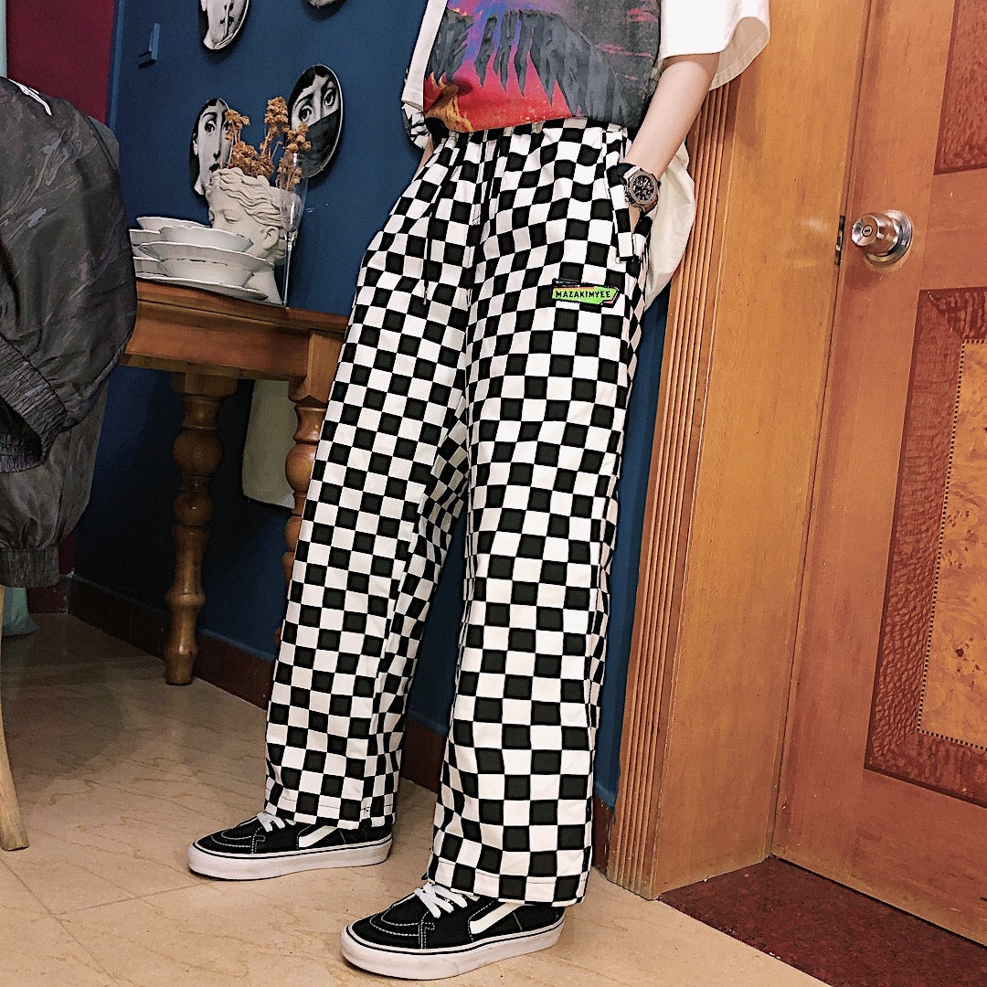 Harajuku Contrast Checkerboard Wide-leg Pants
