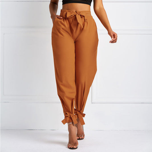 Pure Color Loose Fitting Waist and Ankle Tie Pants