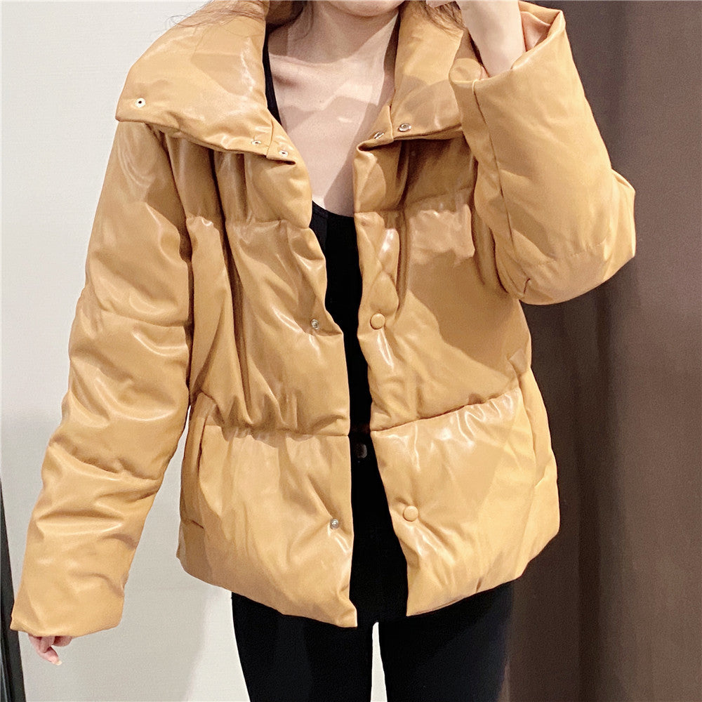 Faux Leather Cotton Stuffed Jacket