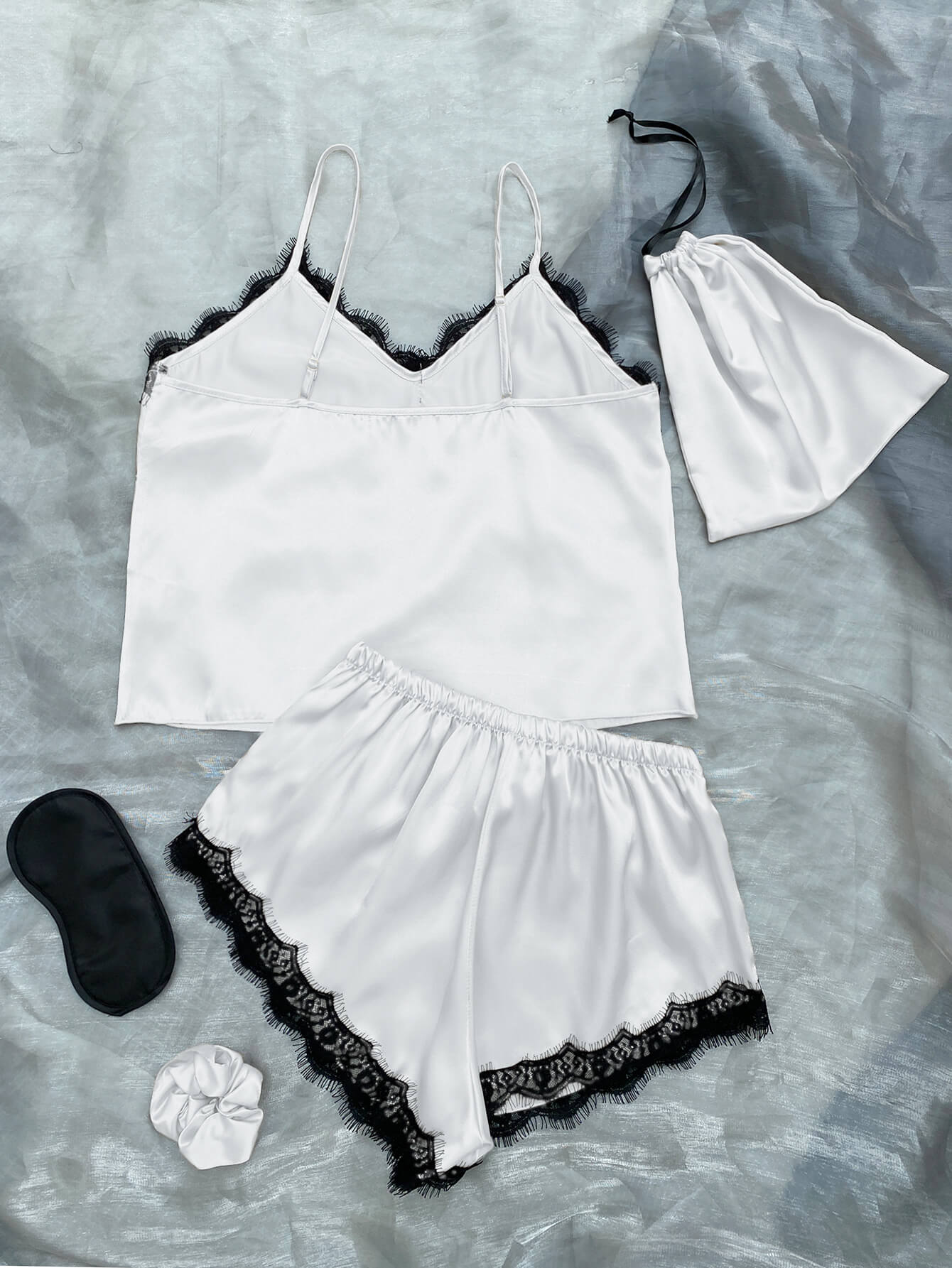 Satin Pajama Set-Lace Trim Cami, Shorts, Eye Mask, Scrunchie, and Bag