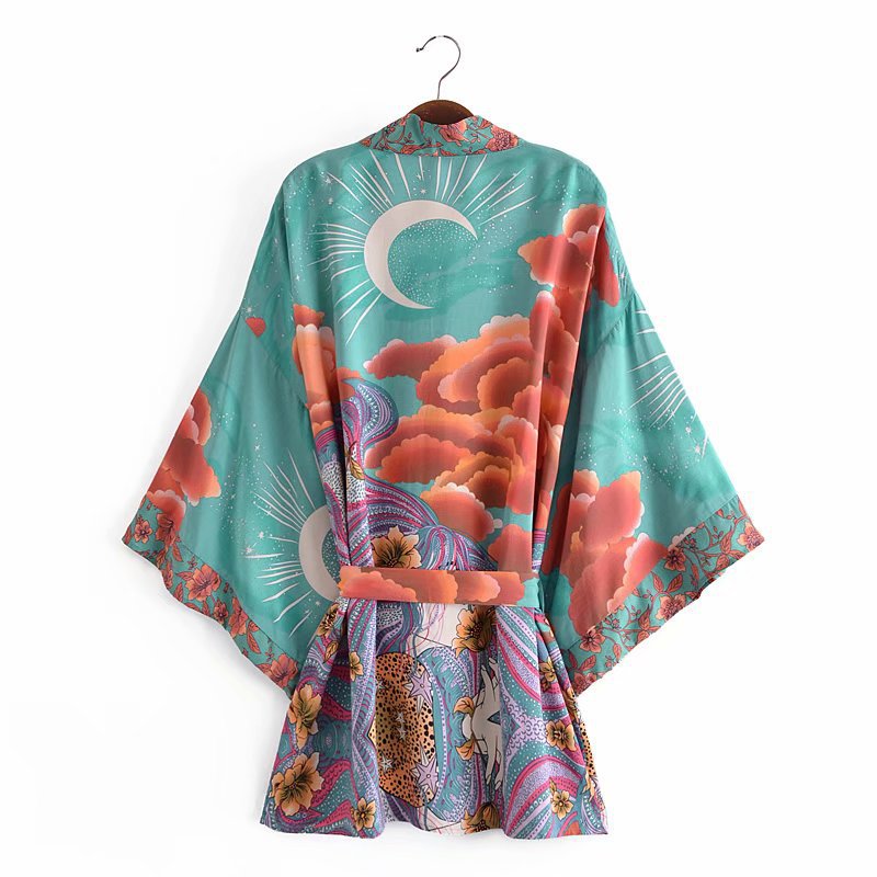 Loose Belted Moon Print Cardigan Women's Kimono