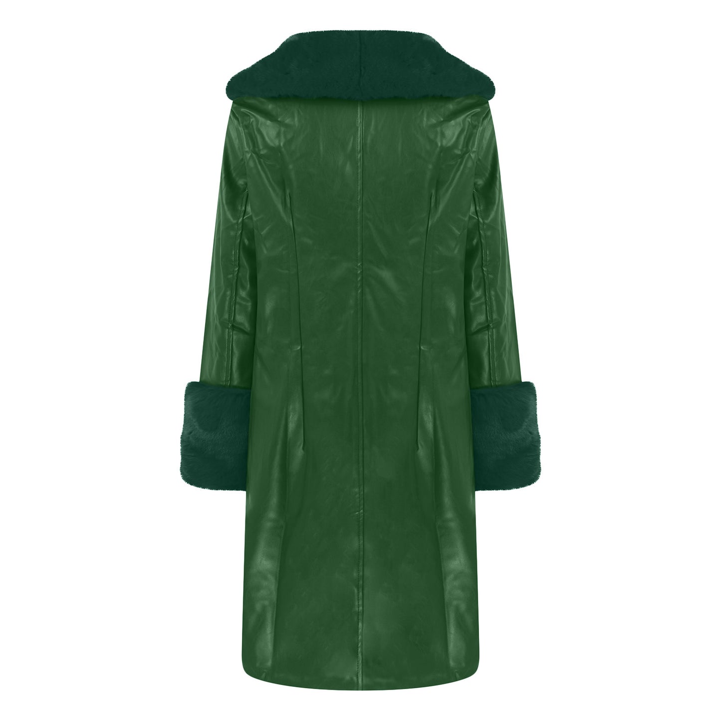 Long Faux Leather & Faux Fur Collar-n-Cuff Coat