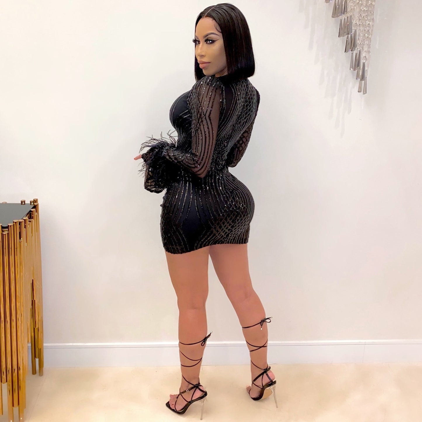 Ostrich Hair Lantern Sleeve A-Line Dress