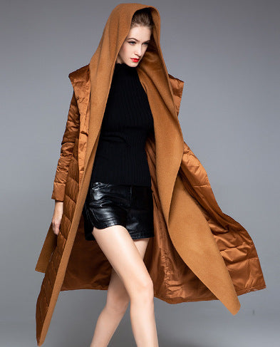 Knee High Lace Up Patchwork Hooded Down Jacket