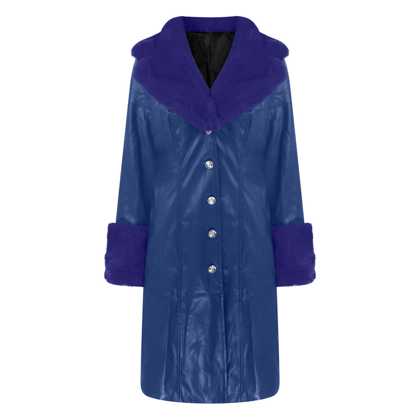 Long Faux Leather & Faux Fur Collar-n-Cuff Coat