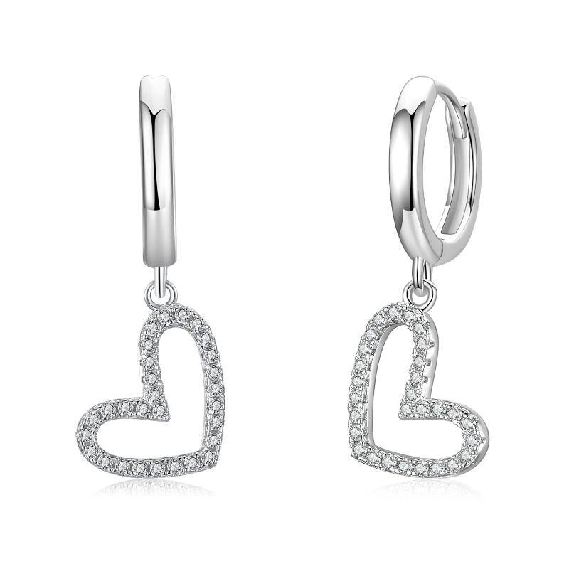 925 Sterling Silver/White Gold Plated Heart Dangle Drop Earrings