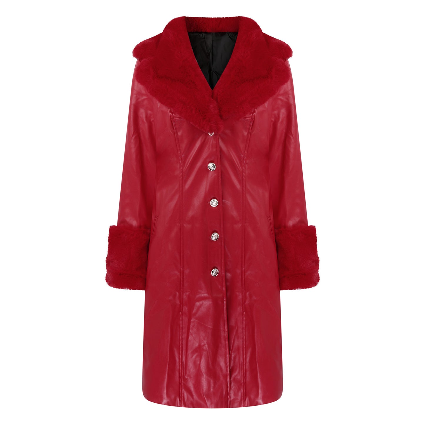 Long Faux Leather & Faux Fur Collar-n-Cuff Coat
