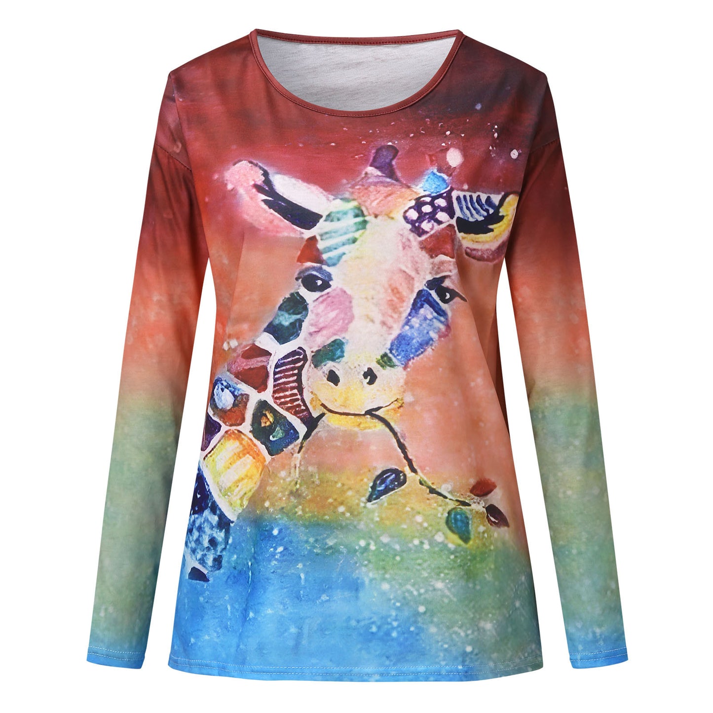 Giraffe Print Long-sleeved Round Neck T-shirt (up to 3XL)