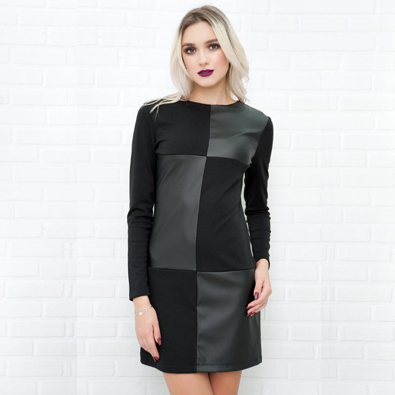 Faux Leather Big Chek Long Sleeve Short Dress