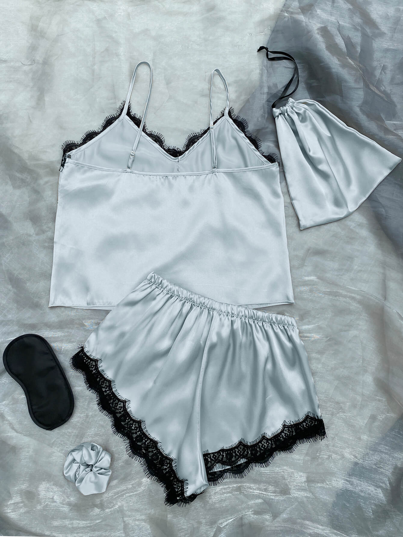 Satin Pajama Set-Lace Trim Cami, Shorts, Eye Mask, Scrunchie, and Bag