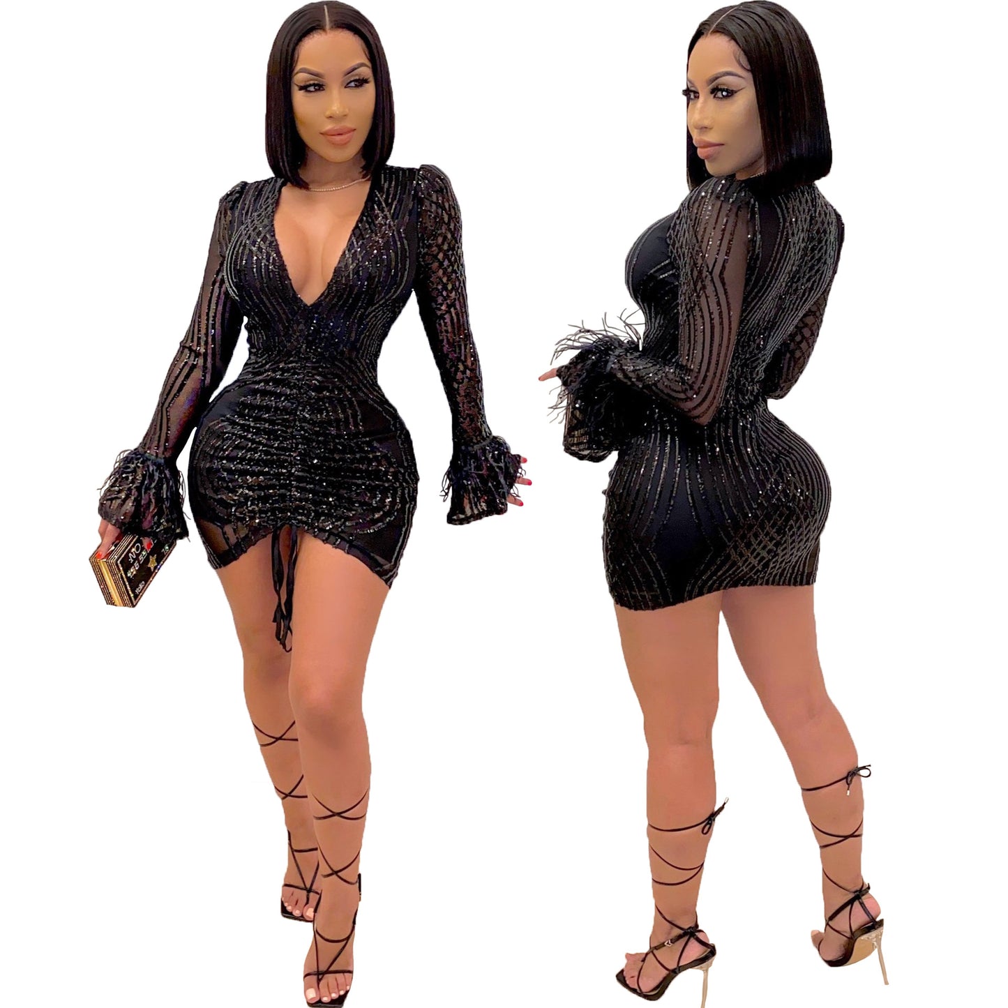 Ostrich Hair Lantern Sleeve A-Line Dress